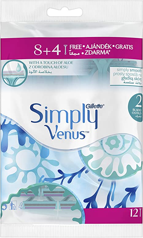 Gillette Simply Venus Disposable Razor for Women, 2 Blades - 12 Pieces